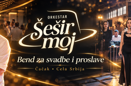 Bend za svadbe i proslave Šešir moj Čačak – fotografije muzičara i logo na crno-zlatnom coveru