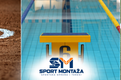 Fudbalski teren iz vazduha, teniski reket na šljaci i plivač u bazenu sa logom Sport Montaža.