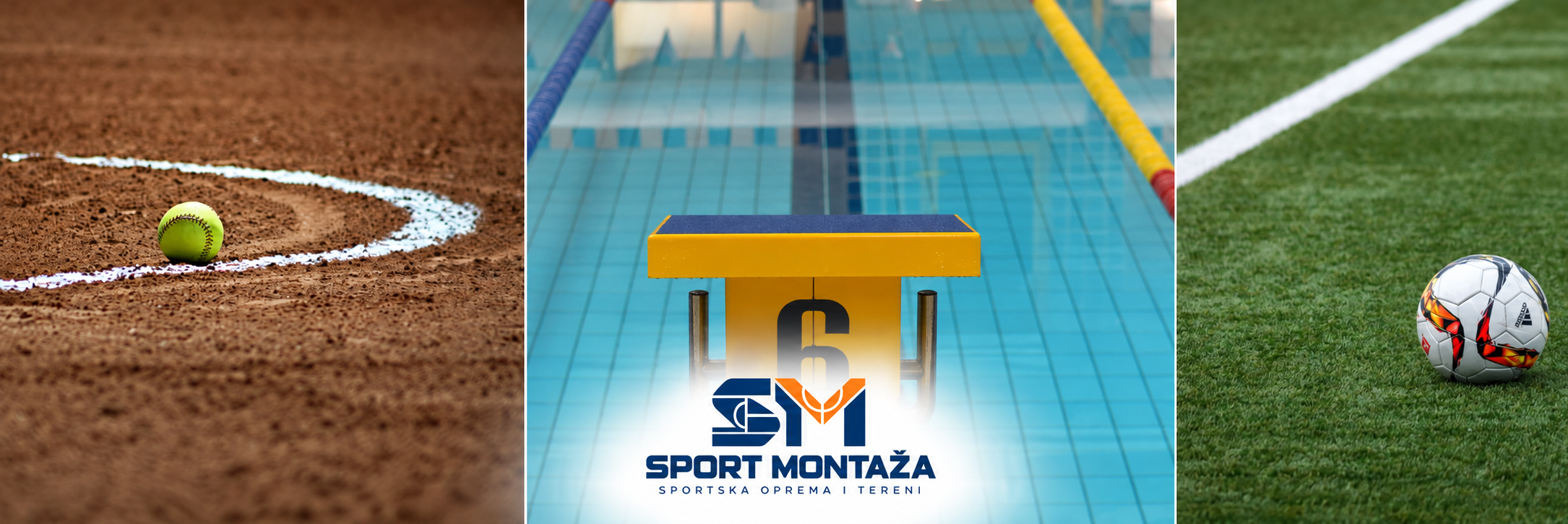 Fudbalski teren iz vazduha, teniski reket na šljaci i plivač u bazenu sa logom Sport Montaža.