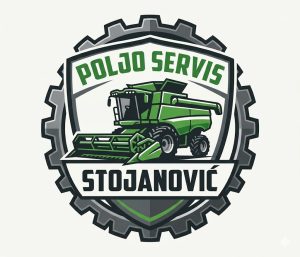 Robusni industrijski logotip u obliku štita za 'POLJO SERVIS STOJANOVIĆ' oivičen zupčanicima, sa snažnom siluetom kombajna i zelenim akcentima. 'POLJO SERVIS' 'STOJANOVIĆ' 