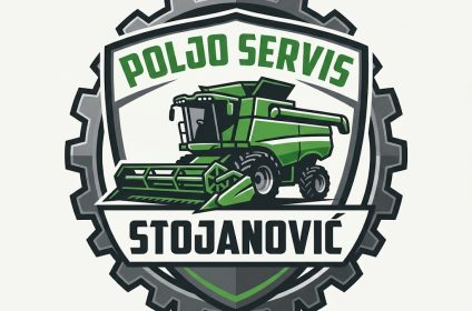 Robusni industrijski logotip u obliku štita za 'POLJO SERVIS STOJANOVIĆ' oivičen zupčanicima, sa snažnom siluetom kombajna i zelenim akcentima. Tekst 'POLJO SERVIS' je na vrhu, a 'STOJANOVIĆ' na dnu.