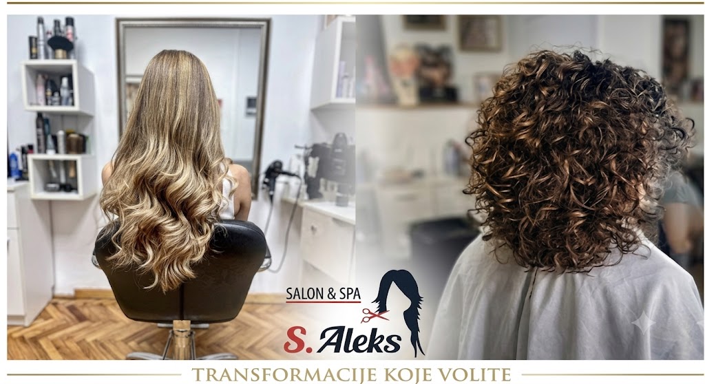 "Pre i posle transformacije frizure: levo je duga talasasta kosa sa pramenovima, desno je kraća tamna kovrdžava kosa. Logo salona S. Aleks.